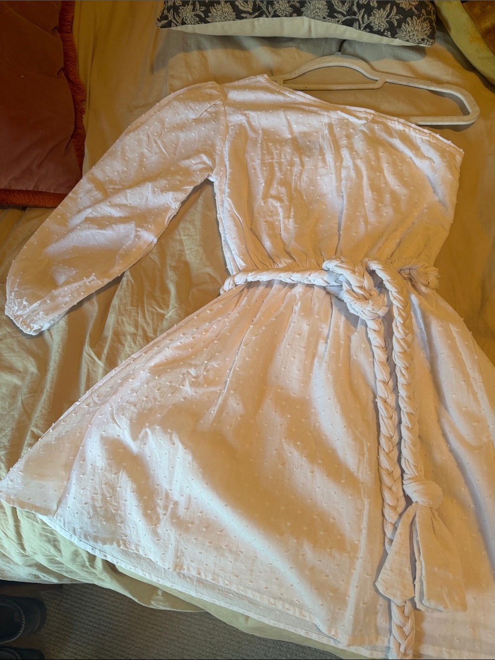 One-Shoulder White Swiss Dot Dress with Braided Belt